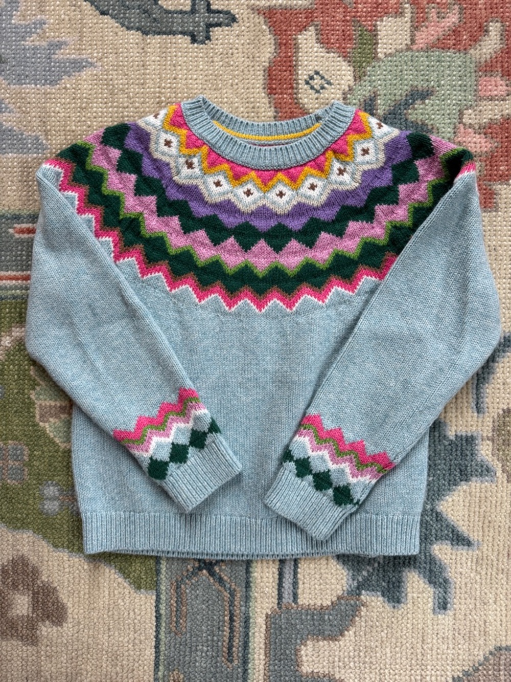 Mini Boden Light Blue Fair Isle Crewneck Sweater with Multicolor Yoke